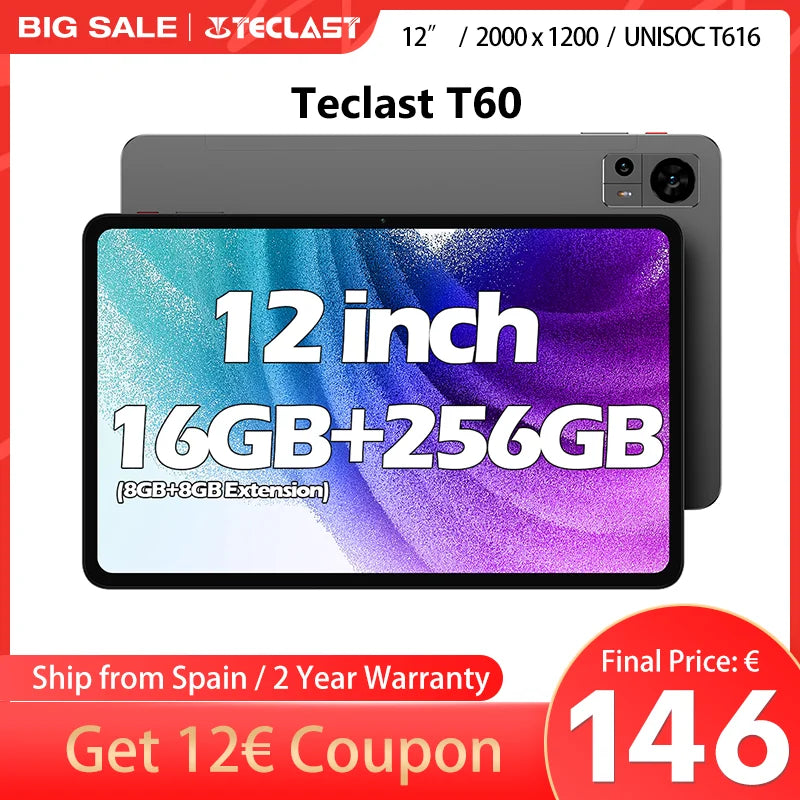 Écran extra large, tablette TECLAST T60, 12'' 2K FHD 2000x1200, Android 13, (8GB + 8GB) 16GB RAM, ROM 256GB, 8000mAh, charge rapide UNISOC T616 8 cœurs 4G VoLTE Wifi 13MP + 5MP