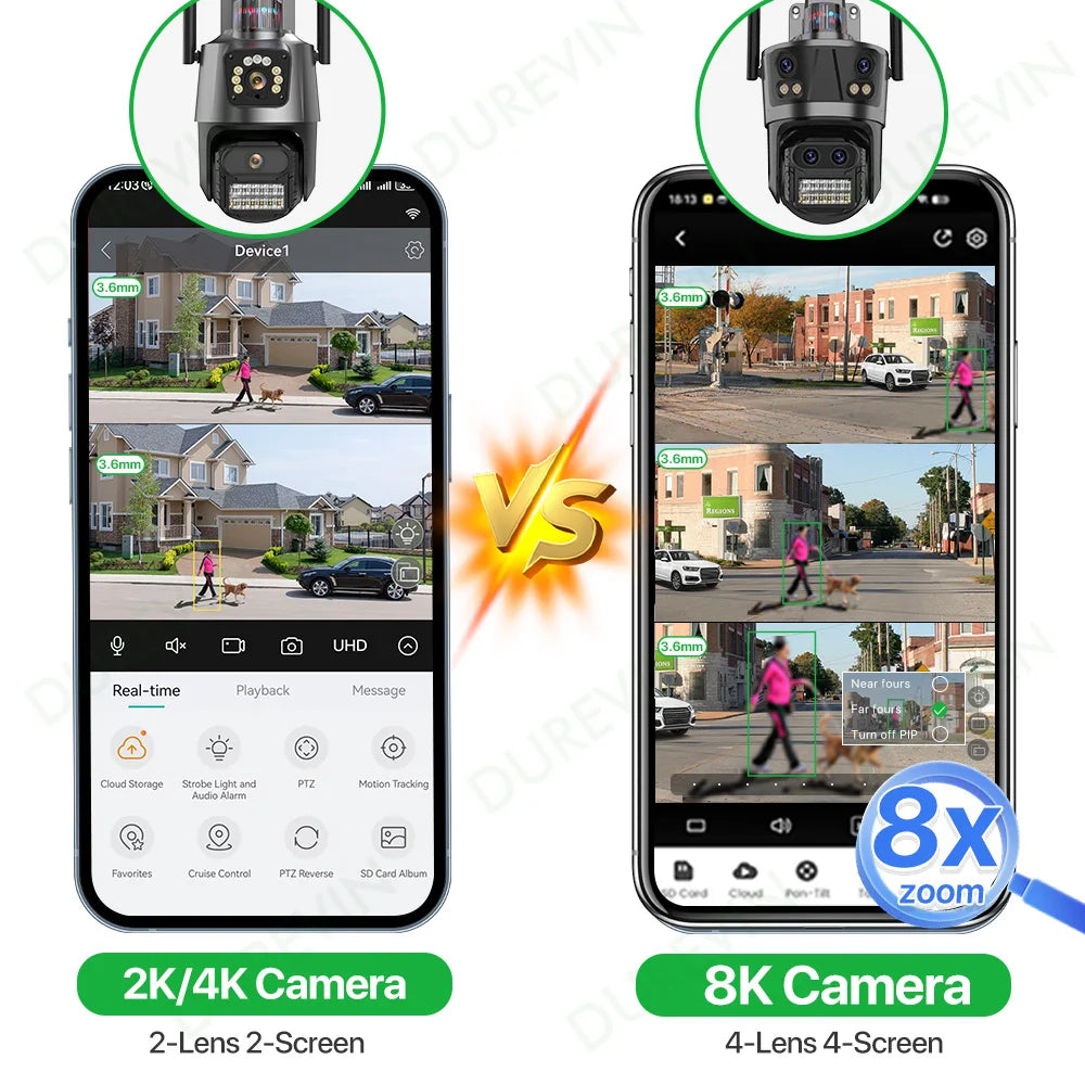 Cámara IP WIFI 8K con zoom 8X, cuatro lentes y cuatro pantallas, detección humana, 4K, 8MP, IP HD, doble pantalla, seguridad, impermeable, iCsee