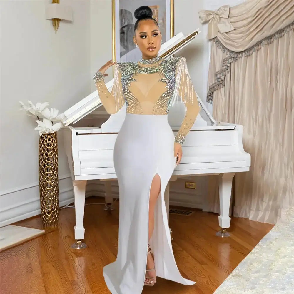 CM.YAYA Women Mesh See Through Long Sleeve Diamonds Hot Rhinestones Mermaid Long Dress Fall Evening Sexy Party Dresses Vestidos