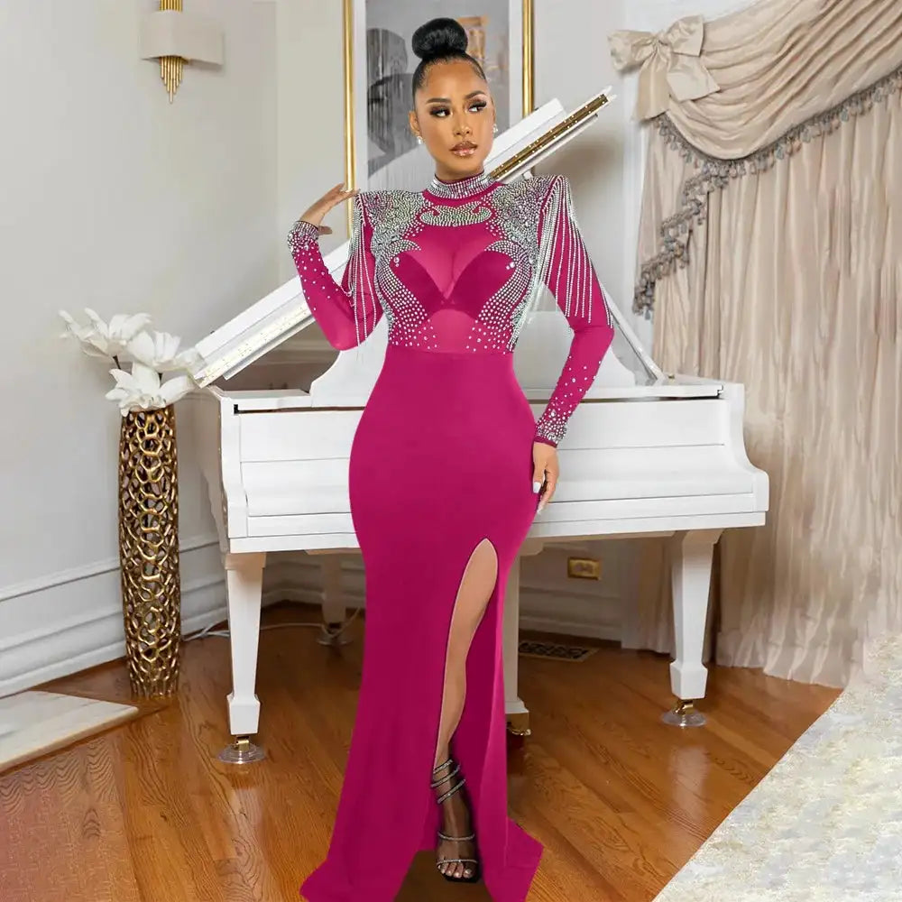 CM.YAYA Women Mesh See Through Long Sleeve Diamonds Hot Rhinestones Mermaid Long Dress Fall Evening Sexy Party Dresses Vestidos - Lootquake