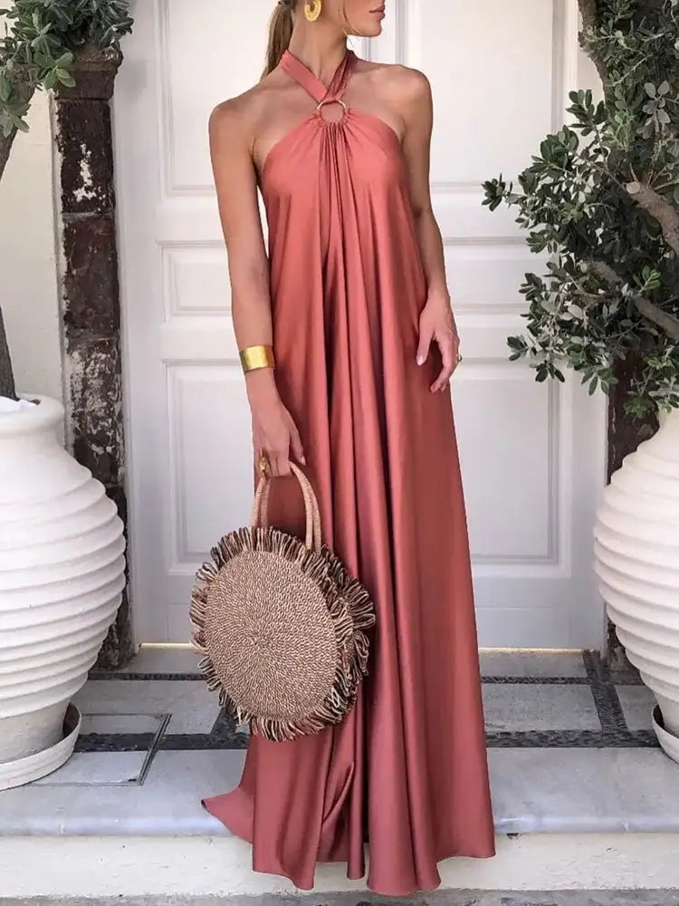 Elegant Women Solid Maxi Beach Dress Sexy Halter Neck Backless Lady Party Dress 2025 Summer Sleeveless Loose Long Dress Vestidos - Lootquake