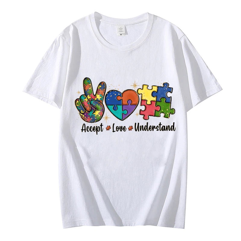 Accept Love and Understand T-shirt Autism Awareness T Shirts Color Puzzle Block Kids Women's Tees Harajuku Streetwear Y2k Tops - Lootquake