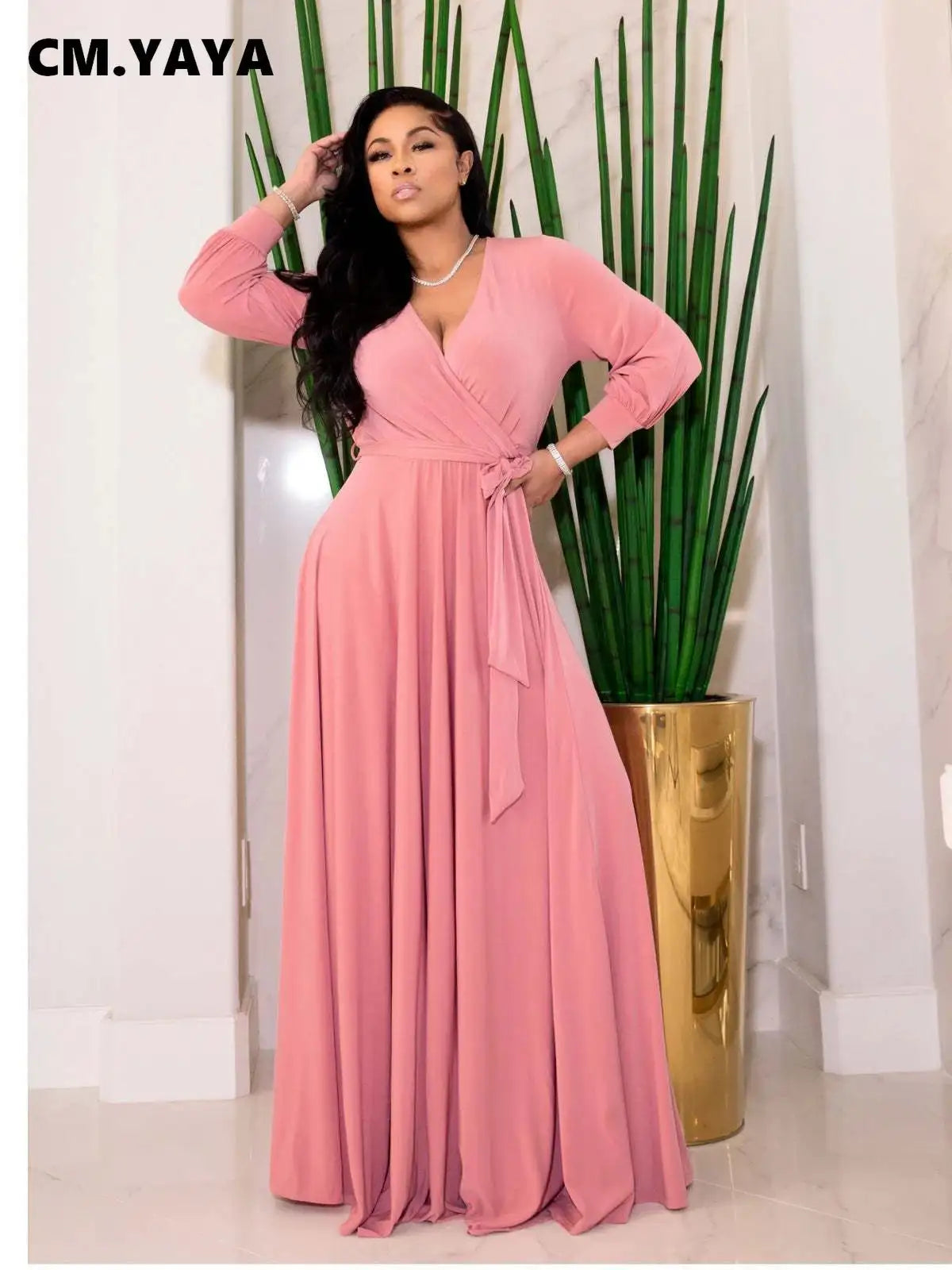 CM.YAYA Elegant Women Wraped V-neck Long Sleeve with Sashes Maxi Long Dress Chic INS Sexy Party Prom Big Swing Pink Dresses - Lootquake