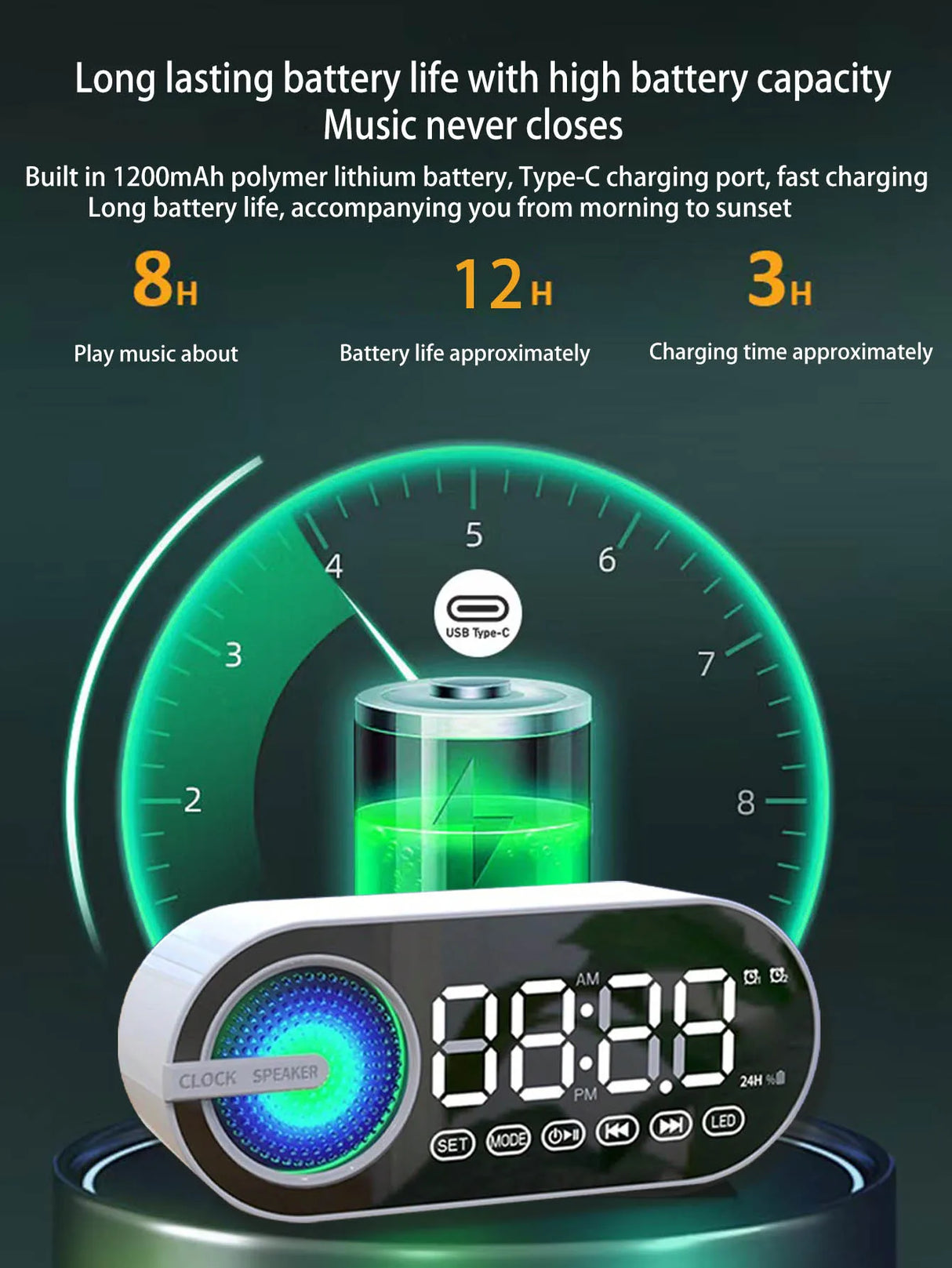 Haut-parleur Bluetooth sans fil, mini design avec de multiples fonctions comme une horloge, le caisson de basses version extérieure est puissant