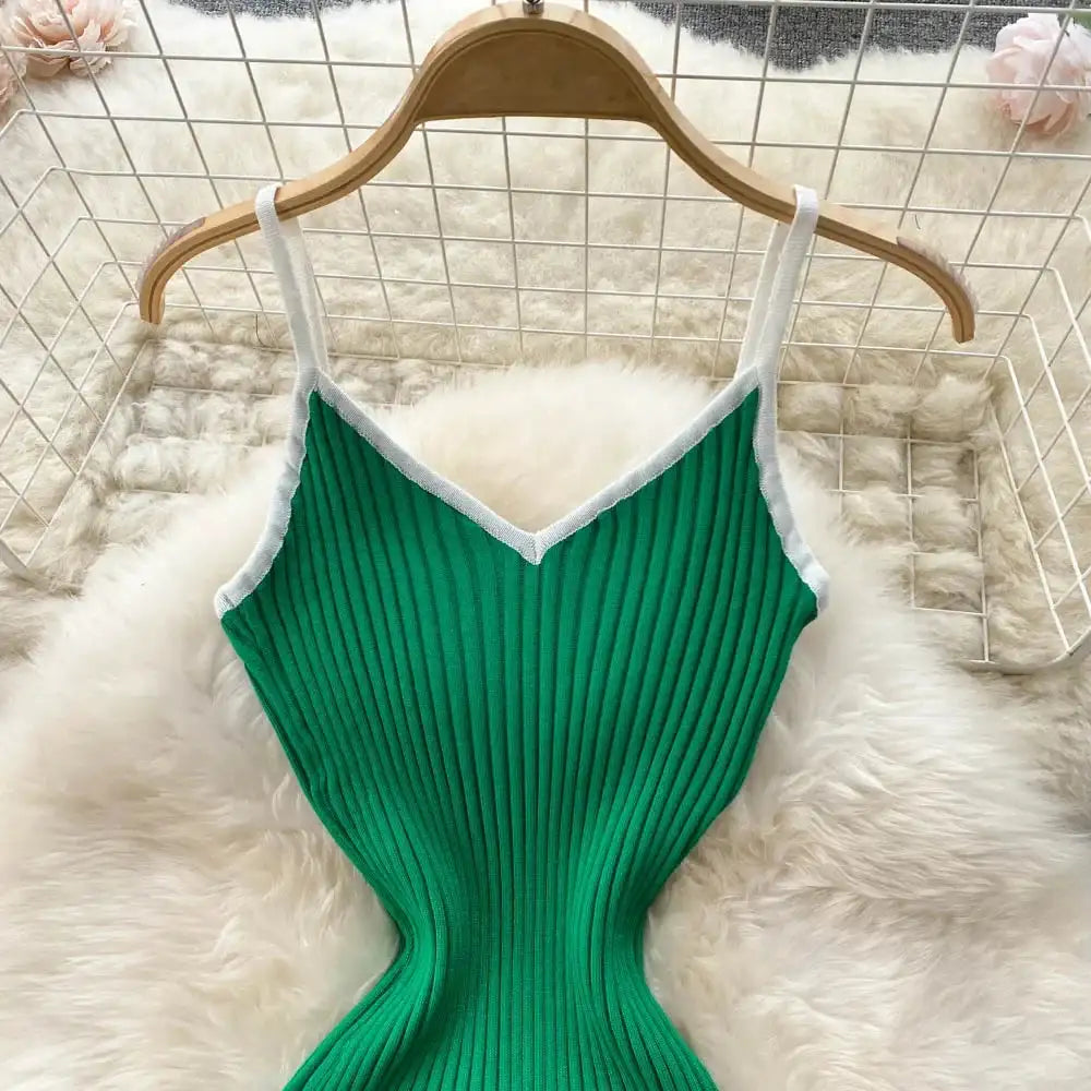 Summer V Neck Knit Sexy Strap Dress Women Elatic Waist Bodycon Sundress Female Beach Backless Maxi Long Dress