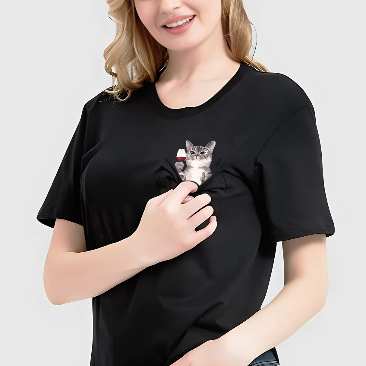CLOOCL Cotton T-Shirt Red Wine Cat Middle Finger Pattern Printed T-shirt Men's for Women Shirts Casual Pocket Tops Cotton Tees - Lootquake