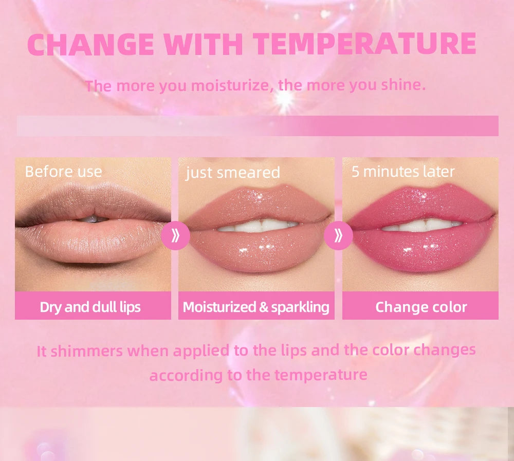QIBEST - Bálsamo labial mágico con cambio de color cálido, brillo labial transparente, hidratante, brillo labial brillante, cosméticos para labios