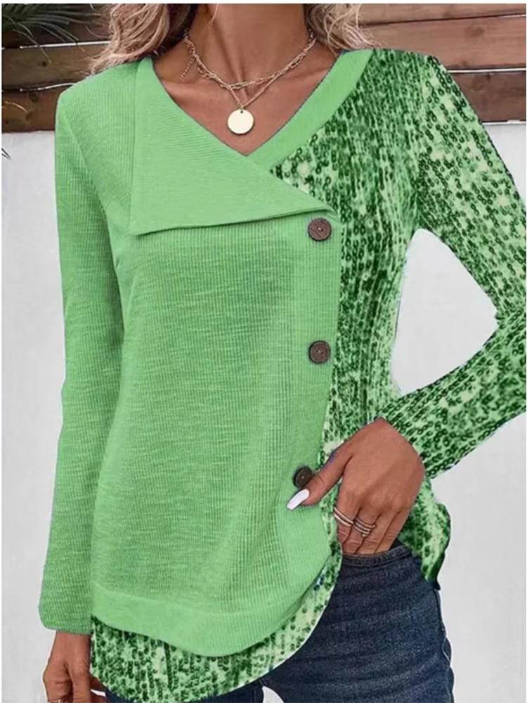 4 Color Blocked Button Long Sleeved Blouse Irregular Collar Women's Casual T-shirt Street Fashion Daily Autumn Top - Lootquake