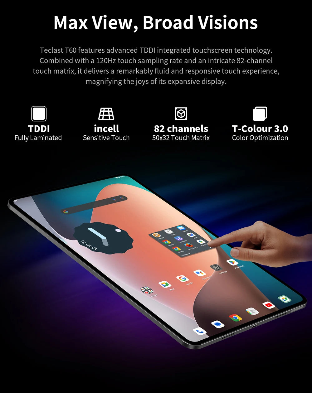 Écran extra large, tablette TECLAST T60, 12'' 2K FHD 2000x1200, Android 13, (8GB + 8GB) 16GB RAM, ROM 256GB, 8000mAh, charge rapide UNISOC T616 8 cœurs 4G VoLTE Wifi 13MP + 5MP