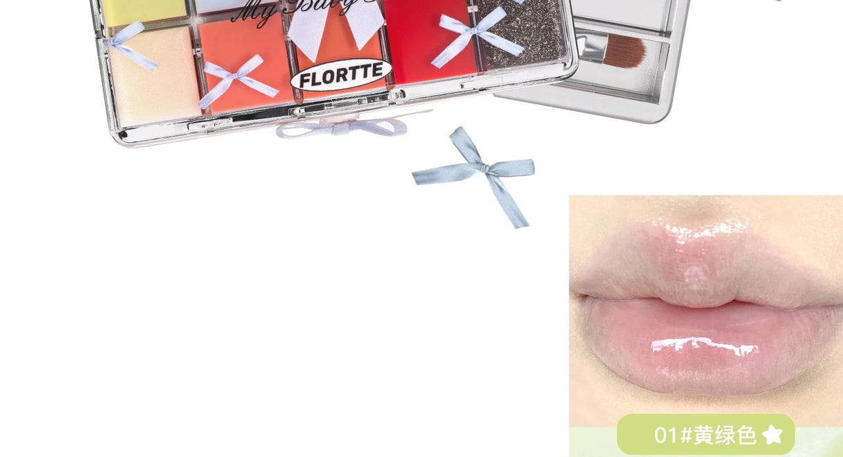 FLORTTE 10-Color Lip Palette Lip Gloss and Lipstick Glossy Moisturizing Pigmented Multifunctional Easy to Apply
