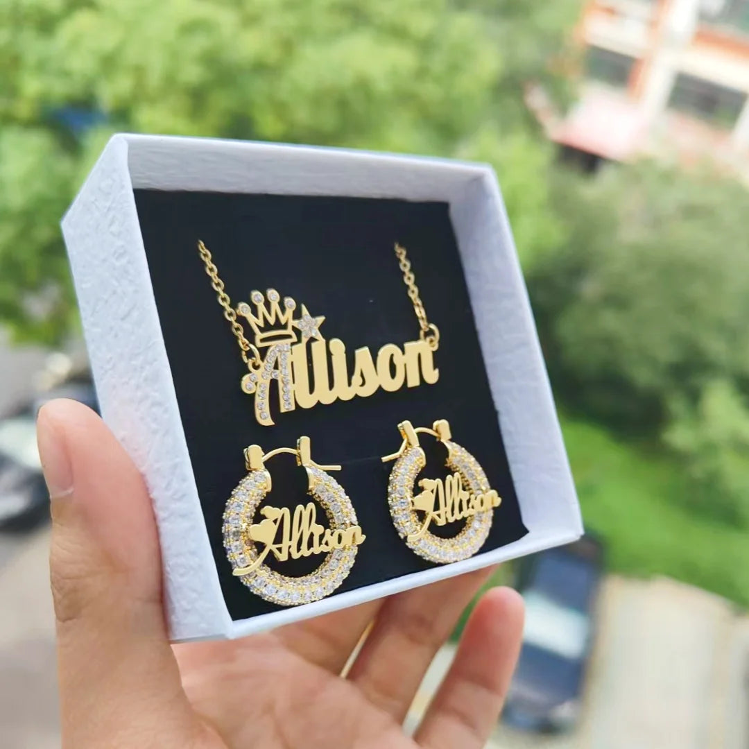 DUOYING Custom Nameplate Set Full Zircon Neckalce Bling Earrings Personalized Mini Hoop Stainless Steel For Kids Jewelry - Lootquake