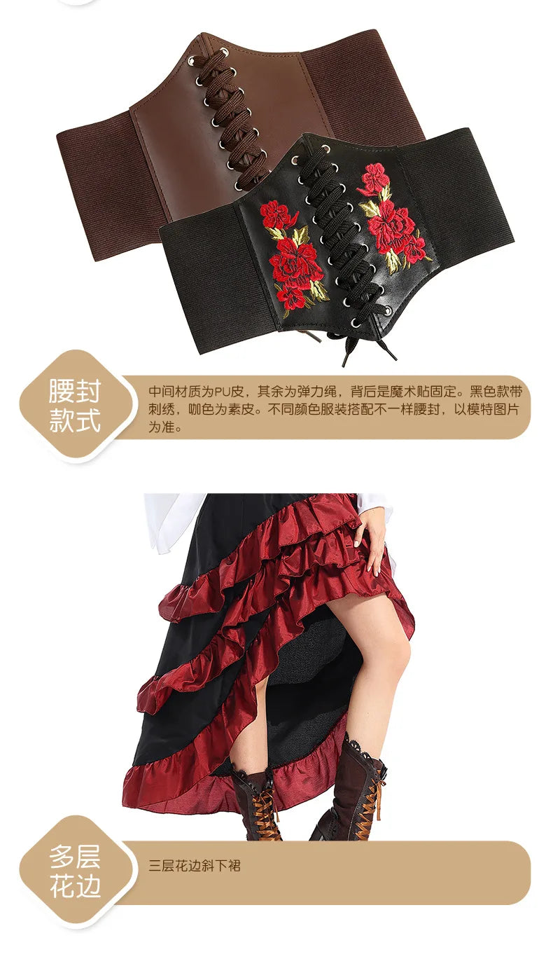 Halloween Womens Cosplay Medieval Pirate Costume Top Corset Skirt Hat Retro Voyager Dress Carnival Play Suit Party Fancy Dress