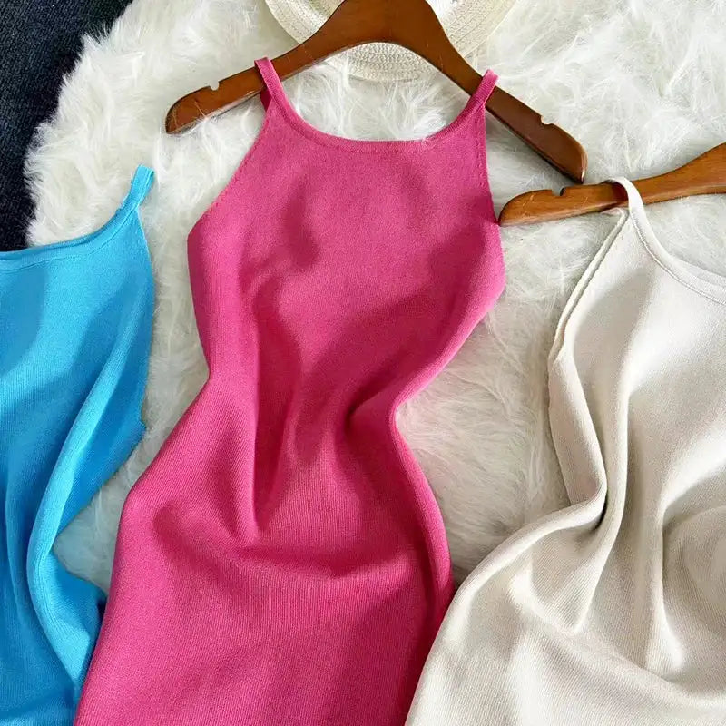 2024 Sexy Summer Knit Strap Dress Women Halter Elatic Waist Bodycon Sundress Female Beach Solid Maxi Long Dress - Lootquake