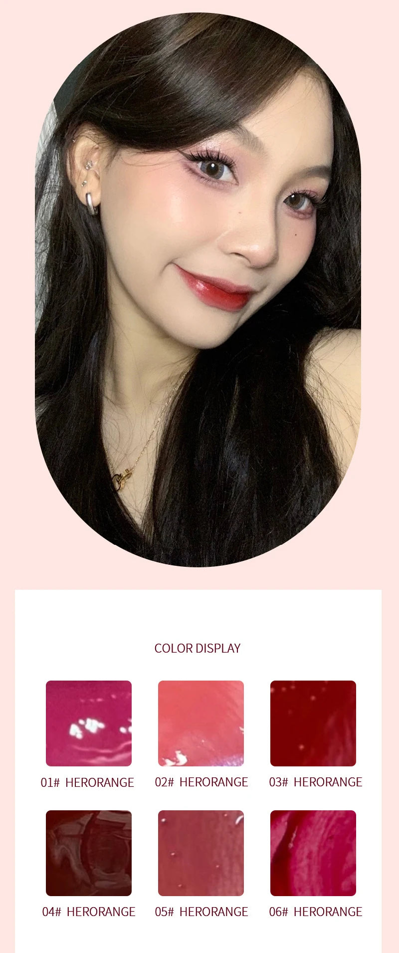 Laca de labios HERORANGE Light Glass-Like: brillo de espejo, fórmula hidratante, resistente a las manchas, de larga duración y que ilumina la piel.