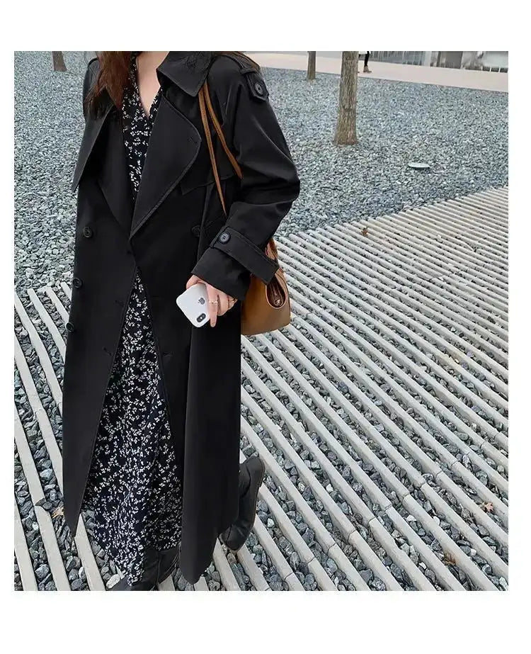 Streetwear Loose Trench Coat Midi Length Fashion Korean Elegant Khaki Black Women's Windbreaker Coat Casual Double Breasted Tops - Lootquake