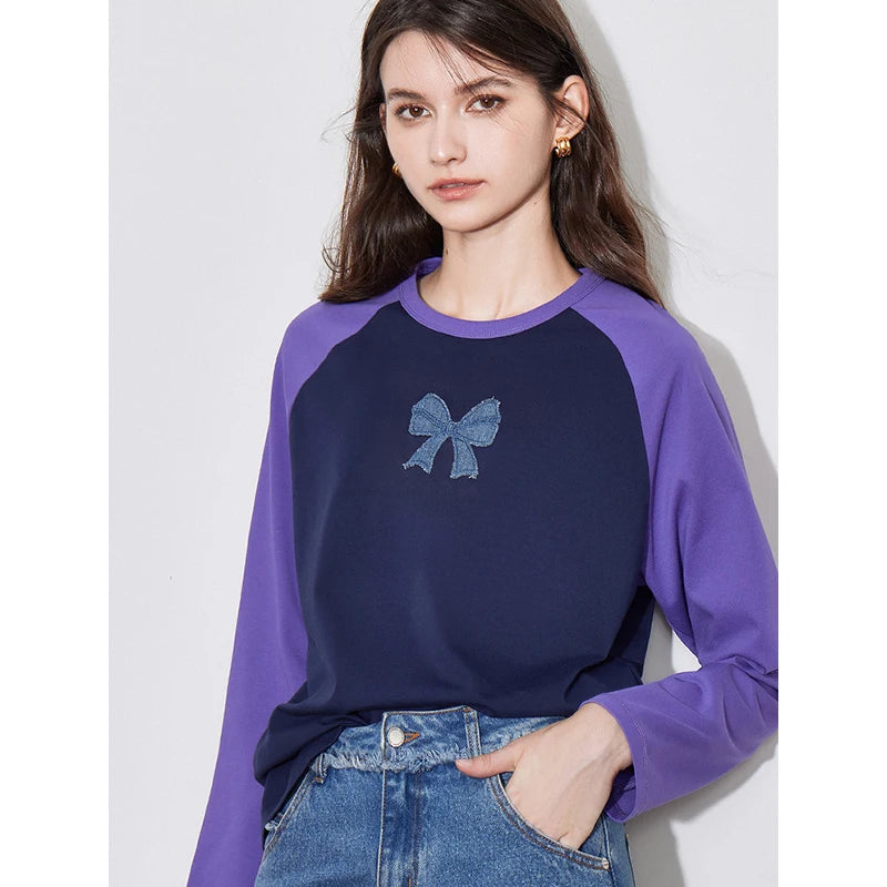 TOYOUTH Women T-shirt 2024 Autumn New Denim Bow Contrasting Color Raglan Sleeve Pullover Casual Tops - Lootquake