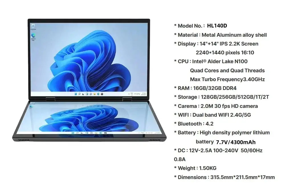 Dual Screen Laptop Intel N100 Processor 14“+14” touch Gaming Laptop DDR4 32GB 1TB 2TB SSD Notebook Computer - Lootquake