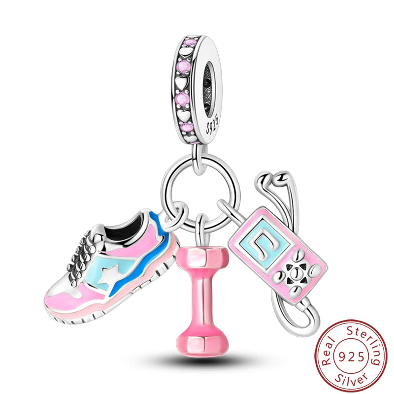 Ensemble de trois breloques en argent sterling S925, perles de 3 mm, motif princesse, golf, hamster, appareil photo, voyage, fabrication de bijoux fins