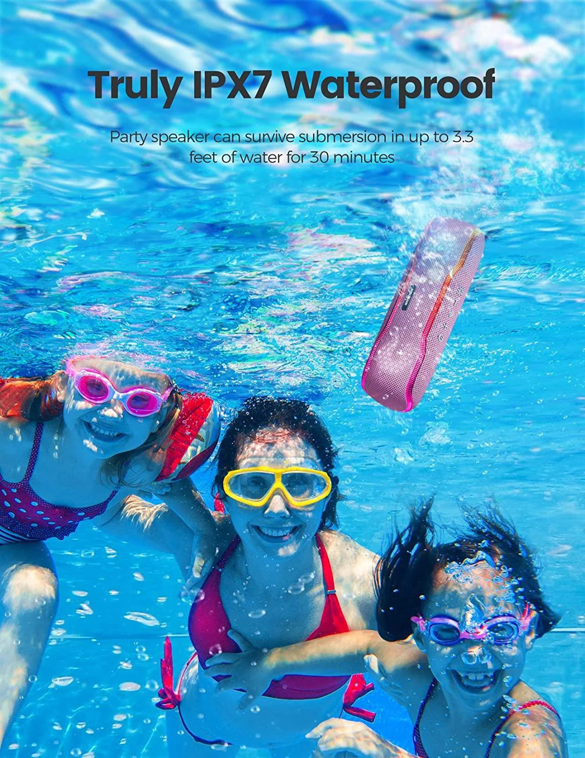 Altavoz Bluetooth WISETIGER para exteriores, resistente al agua IPX7, 25 W, BT5.3, estéreo envolvente con luces ecualizadoras pulsantes.