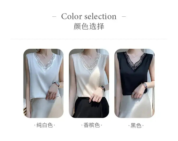new woman clothing vest camis Tank top women's suit bottom lace lining 2024 summer new silk satin sleeveless top suspender vests - Lootquake
