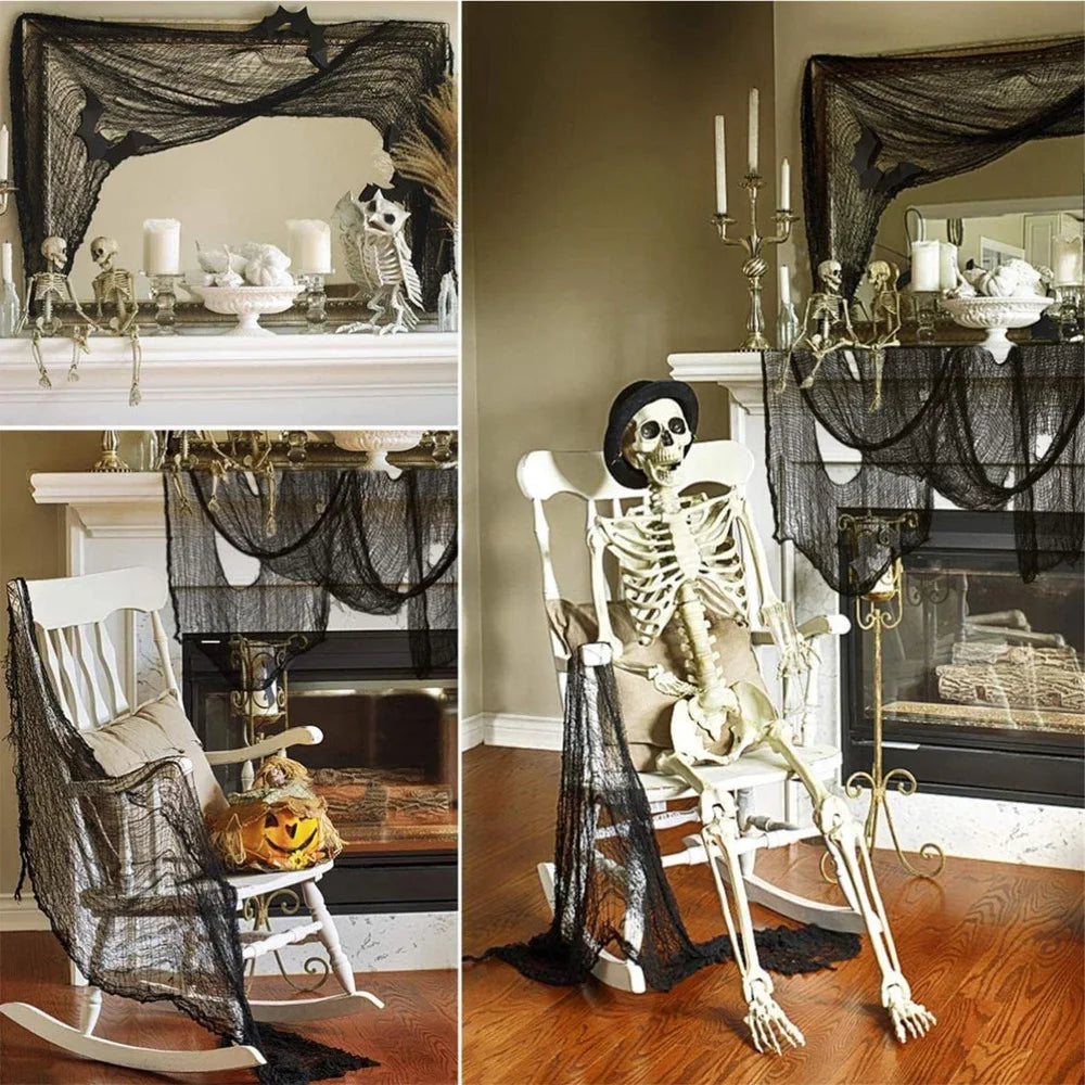 Décorations d'Halloween 76 x 183 cm, gaze noire effrayante, filet pour fenêtre, table, porte, déguisement, fête, maison hantée, décoration murale