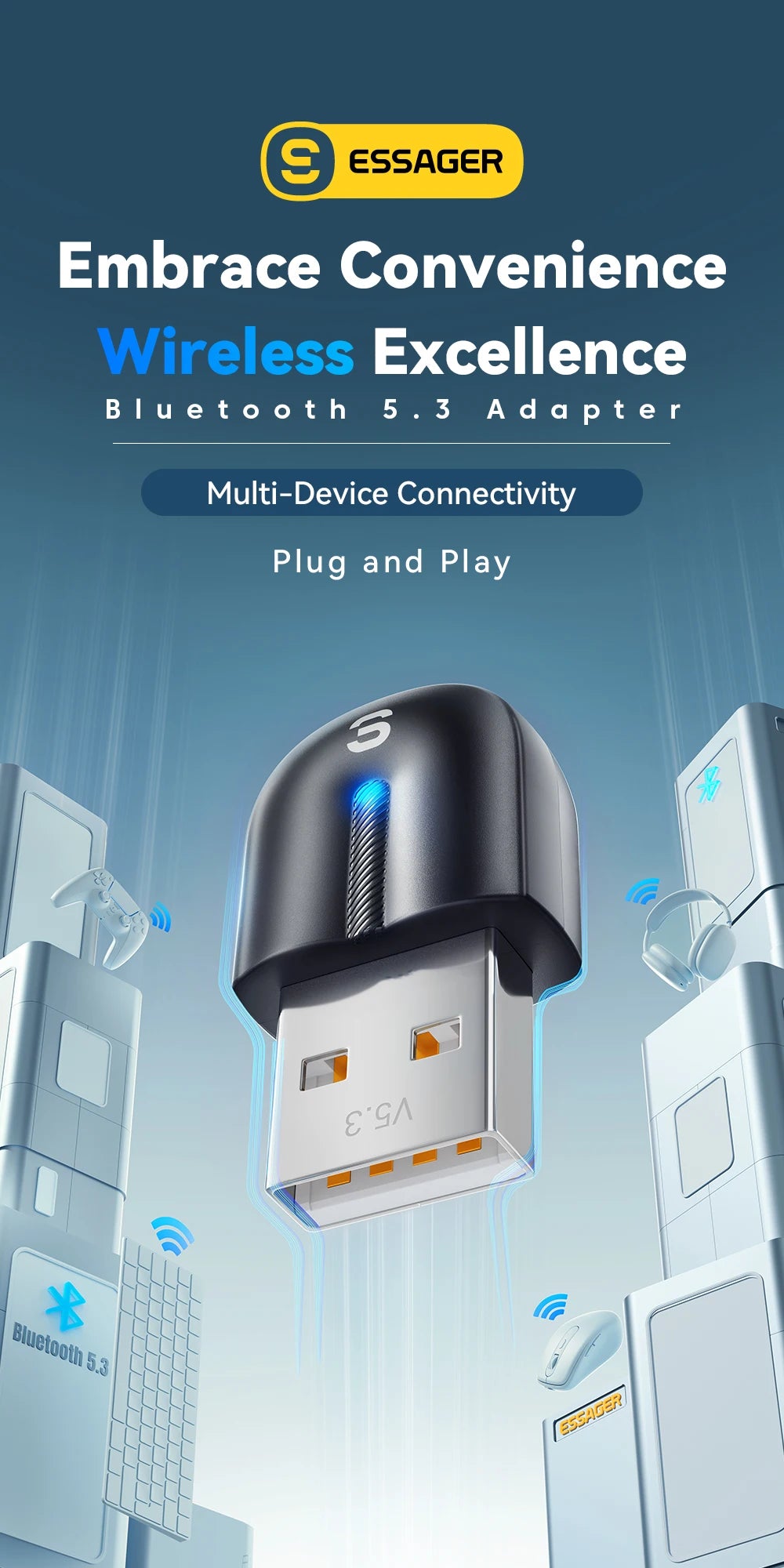Adaptateur USB Bluetooth 5.3 Essager, récepteur audio auxiliaire, émetteur pour haut-parleur PC, ordinateur portable, boîte à son, souris sans fil, émetteur USB