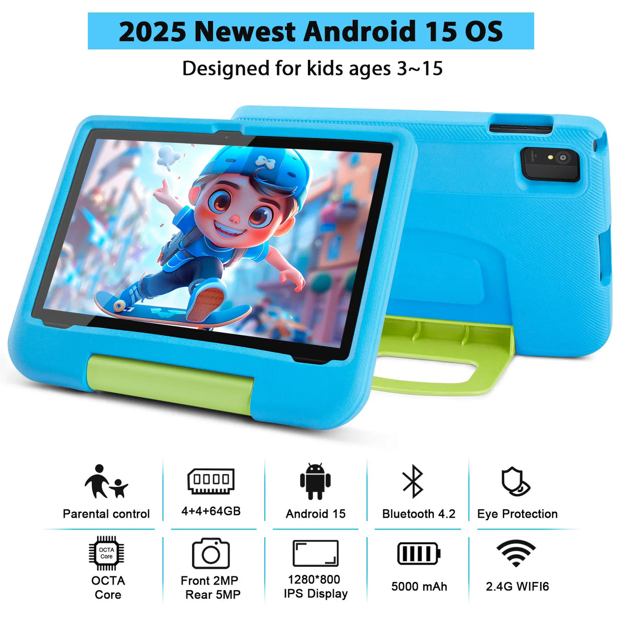 Tablette PC ANRY 10,1 pouces Android 15, 8 Go (4 + 4 extensibles), RAM 64 Go, écran HD, double caméra IPS, 5G, Wi-Fi, 6 tablettes, cadeau pour enfants