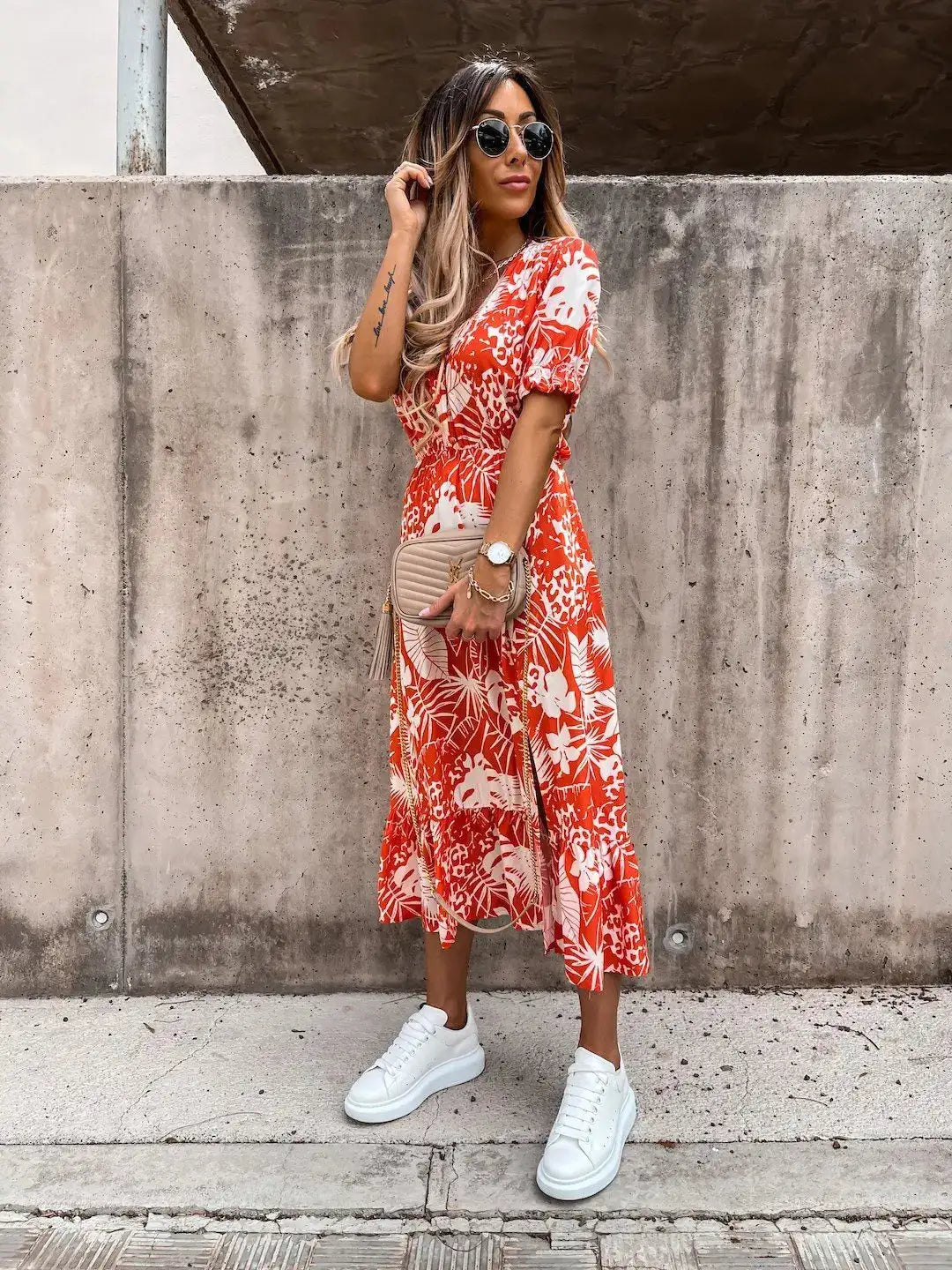 Summer Floral Print Dress Women V Neck Side Slit Long Dress Elegant Short Sleeve Button Slim Spring Female Party Dress Vestidos - Lootquake