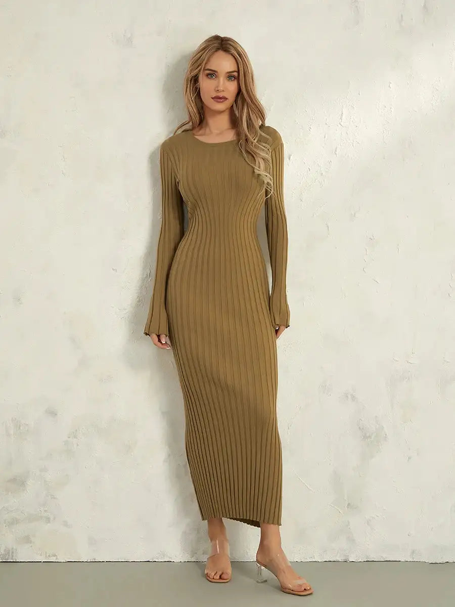 Women Spring Autumn Lace-up Knit Dress Elegant Long Sleeve Crew Neck Ribbed Solid Color Long Dress Streetwear