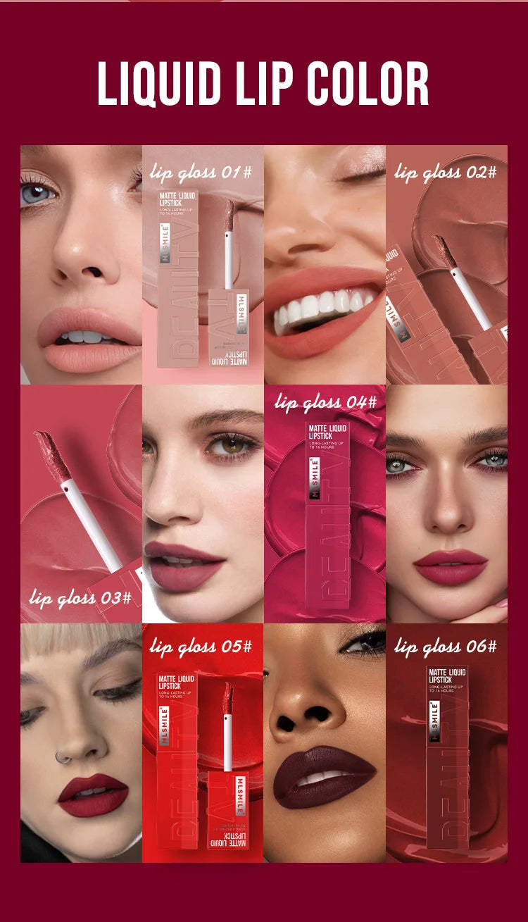 MLSMILE 6 Color Non-stick cup Velvet Satin Gloss Lip glaze Mist Liquid matte lipstick Waterproof long-lasting color liquid