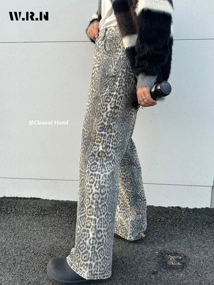 Women's American Vintage Leopard Print Washed Thin Jeans Street Casual Neutral Style DenimTrousers High Waist Straight Pants - Lootquake