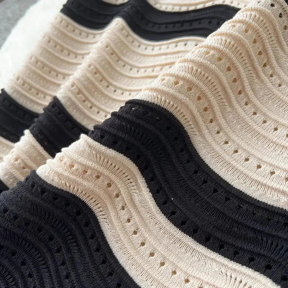 Short Sleeves Striped Long Dress Lapel Neck Hollow Out Slim Bodycon Sundress Fashion Hotsweet Knitted Beach Midi Dress - Lootquake