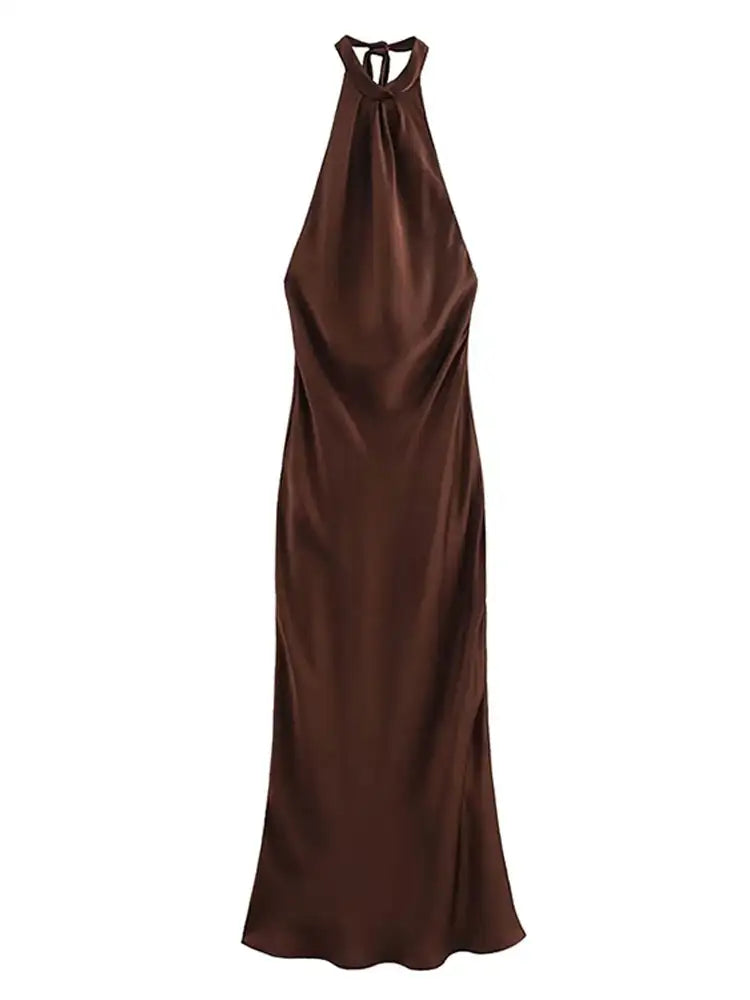 Off Shoulder Satin Halter Long Dress Woman Sexy Hanging Neck Female Pleated Dresses Summer Backless Midi Evening Party 2024 New - Lootquake