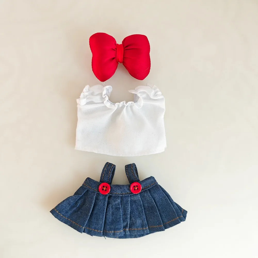 Labubu Doll Clothes & Accessories Denim Skirt With Red Bow Headband Set Trendy Outfits for Labubu Collectibles - Lootquake