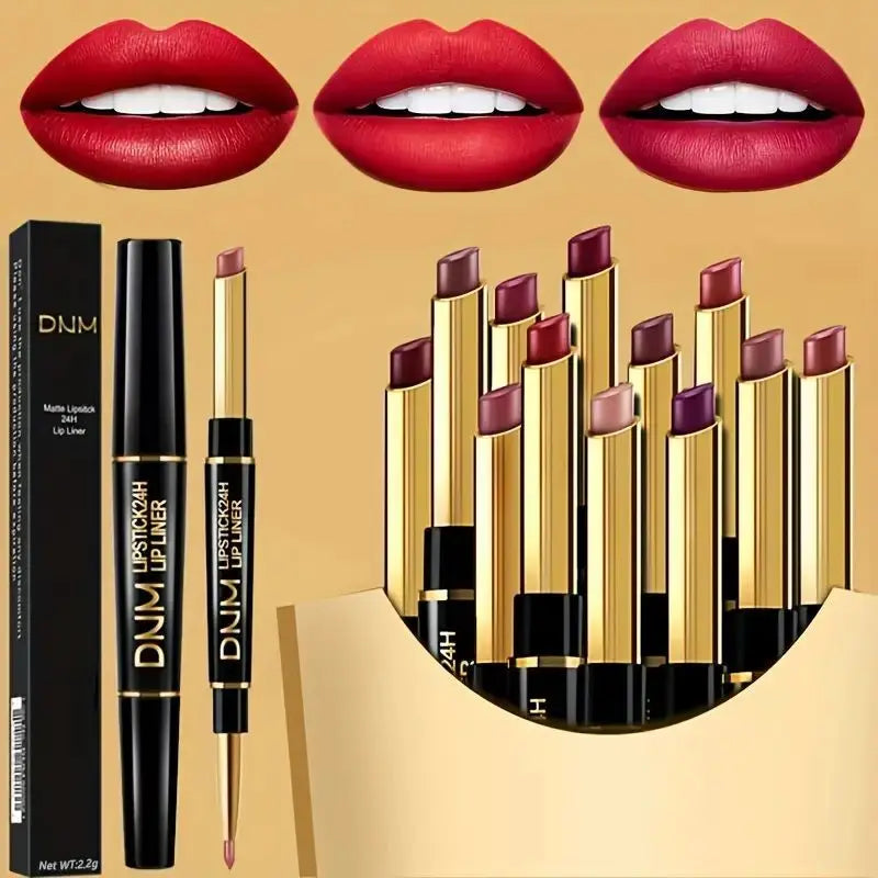 12 Colors Double-Ended Lipstick & Lip Liner Pencil,Waterproof, Non-Stick, Long Lasting,Make Natural Makeup Effect for All Skin