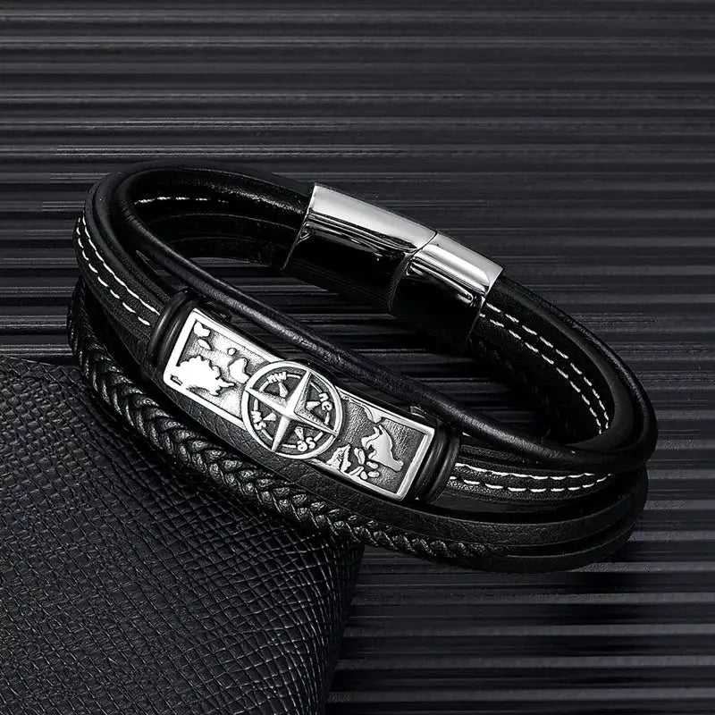 MKENDN Viking Style Compass Norse Runes Amulet Men MultiLayer Leather Stainless Steel Bracelet Norse Mythology Jewelry - Lootquake