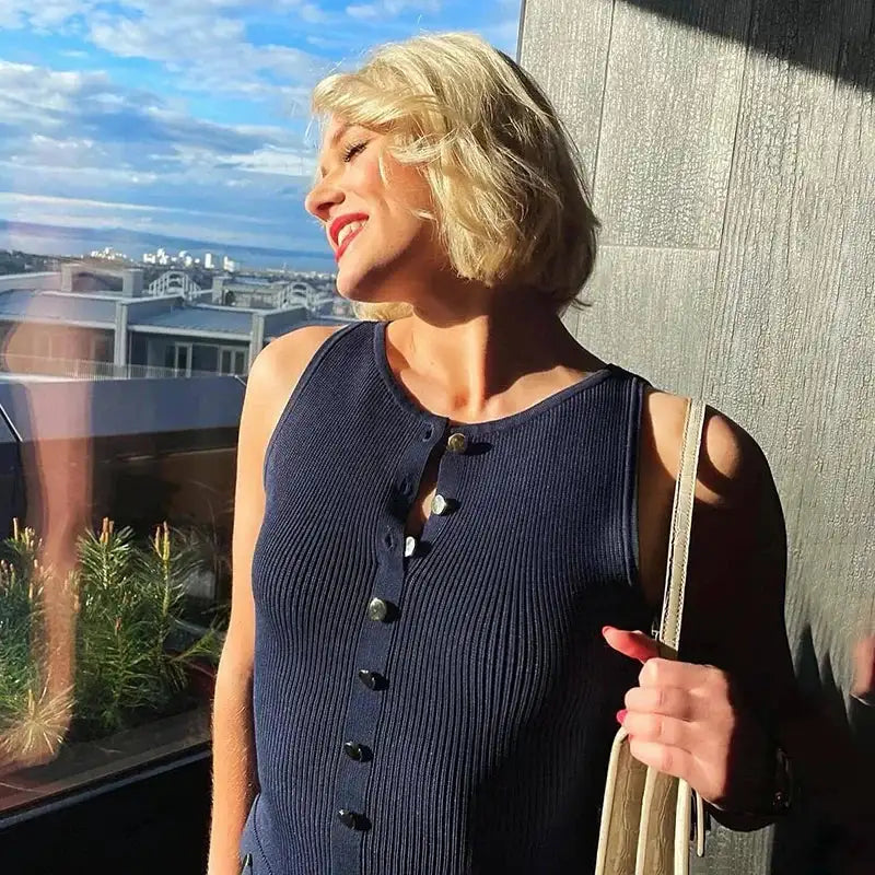 Fashion Knitted Long Dress For Women Elegant Sleeveless Button Maxi Sweater Bodycon Dresses Female Party Fashion Vestidos 2024 N - Lootquake