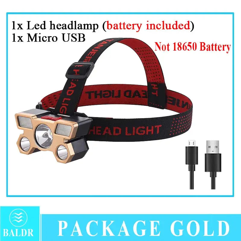 5LED Headlamp Rechargeable With Built In 18650 Battery Strong Light Long Range Torch Outdoor Camping Adventure Fishing HeadLight - Lootquake