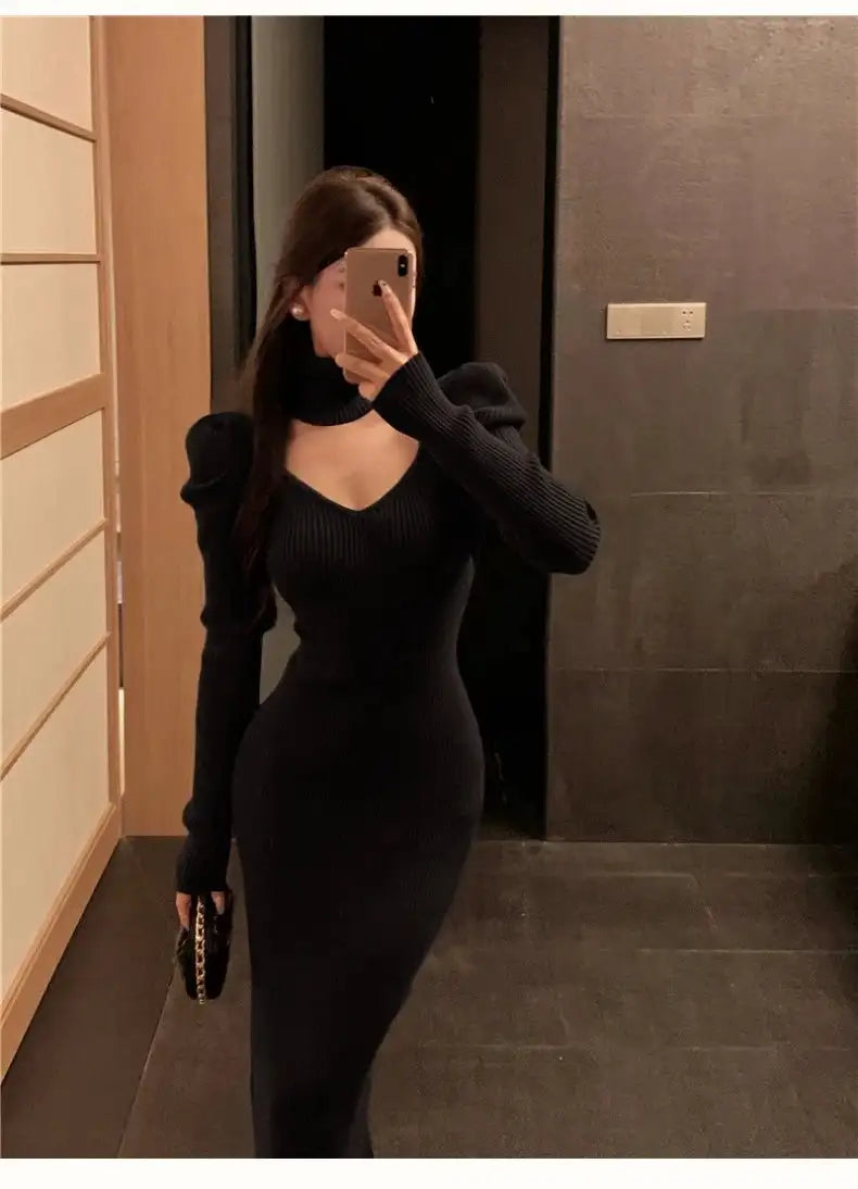 YuooMuoo Chic Fashion Elegant Knitted Long Dress with Neck Scarf 2024 Autumn Winter Ribbed Office Lady Bodycon Sweater Vestidos - Lootquake