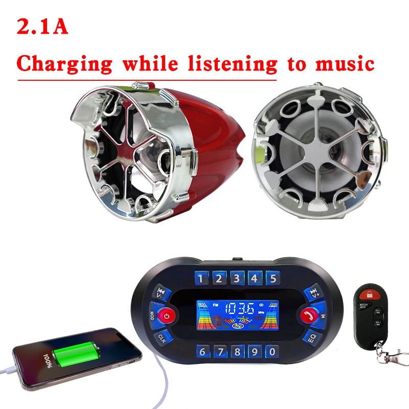 Altavoz Bluetooth para motocicleta con amplificador de salida de 2,1 A, reproductor de música MP3, sirena de alarma antirrobo, altavoz estéreo USB, radio FM MT730