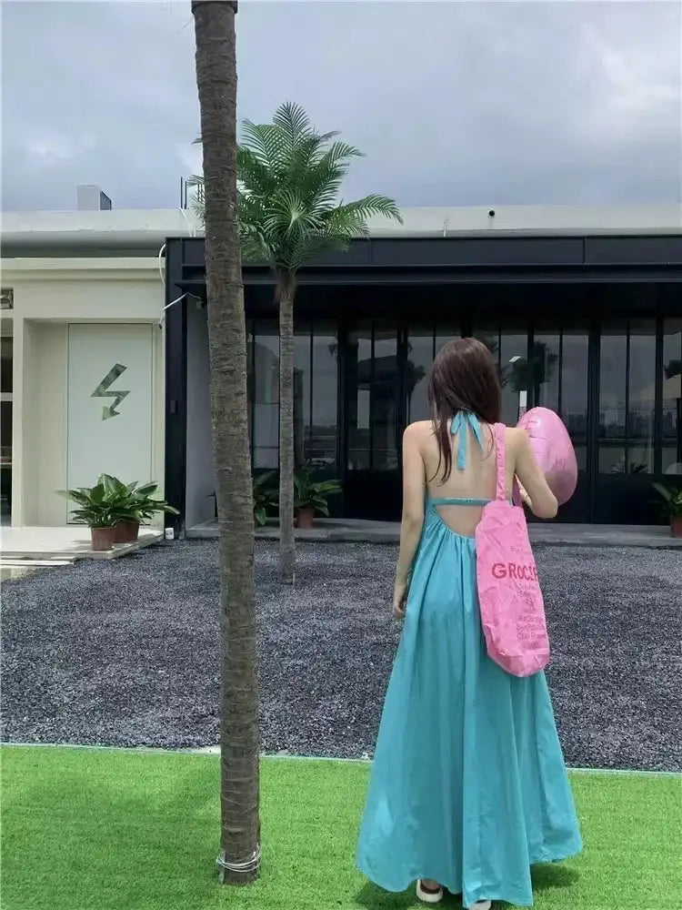 Summer Vacation Dress Thailand Style Open-back Halter Neck Age-reducing Photography Beach Long Dress Belted - Lootquake