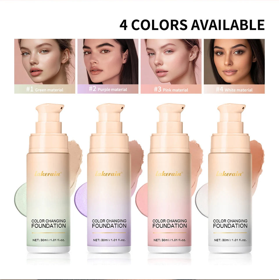 Base de maquillaje Lakerain que cambia de color CC Cream, base de maquillaje facial resistente al agua, base líquida, corrector impecable de larga duración.