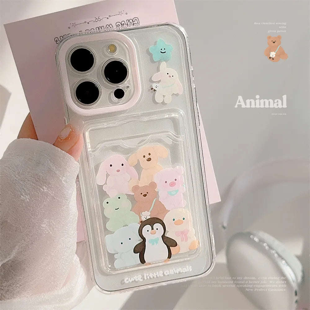 Estuche transparente con ranura para tarjetas y diseño de animales de dibujos animados para iPhone