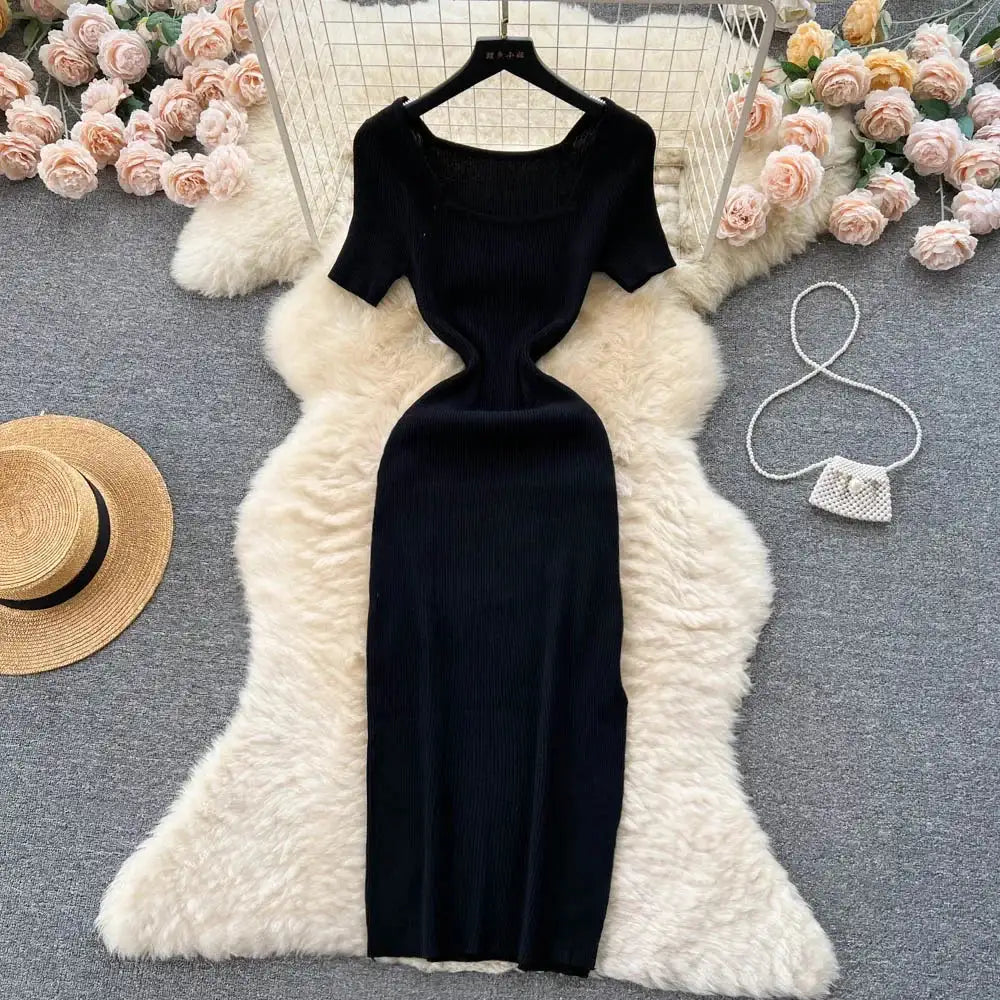 Green 2024 Sexy Summer Knit Short Sleeve Dress Women Squar Collar Waist Bodycon Sundress Female Beach Backless Long Dress - Lootquake