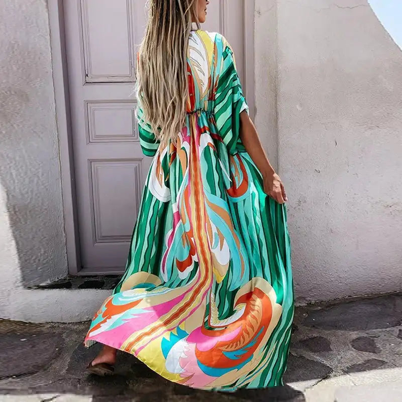 2023 Women Gorgeous Boho Print Maxi Beach Dress Summer Deep V Slit Elastic Waist Party Dress Elegant Holiday Long Dress Vestidos - Lootquake