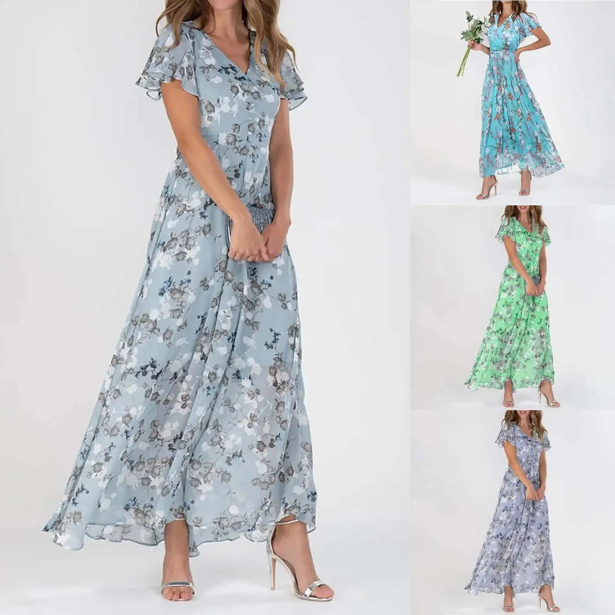 Vestidos Verano Moda 2024 Women's Swing Long Dress Chiffon Floral Short Sleeve Ruffle V Neck Fashion Waist Flowy Dress платье - Lootquake