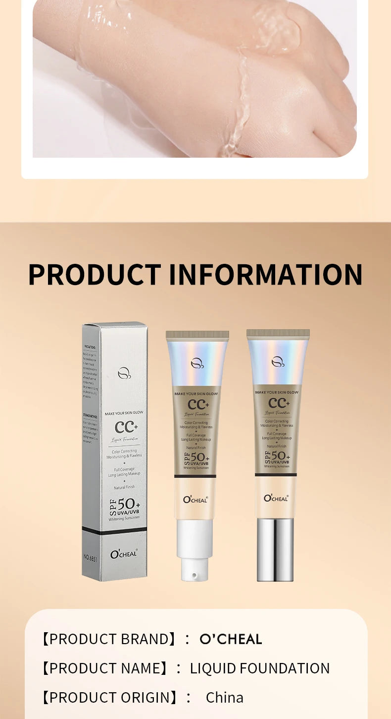 Ocheal 30 g CC Cream Foundation Corrector a prueba de agua Hidratante Protector solar Líquido FPS 50+ Prebase de maquillaje iluminadora de larga duración