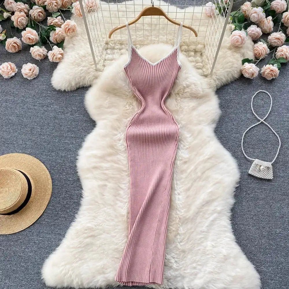 Summer V Neck Knit Sexy Strap Dress Women Elatic Waist Bodycon Sundress Female Beach Backless Maxi Long Dress - Lootquake