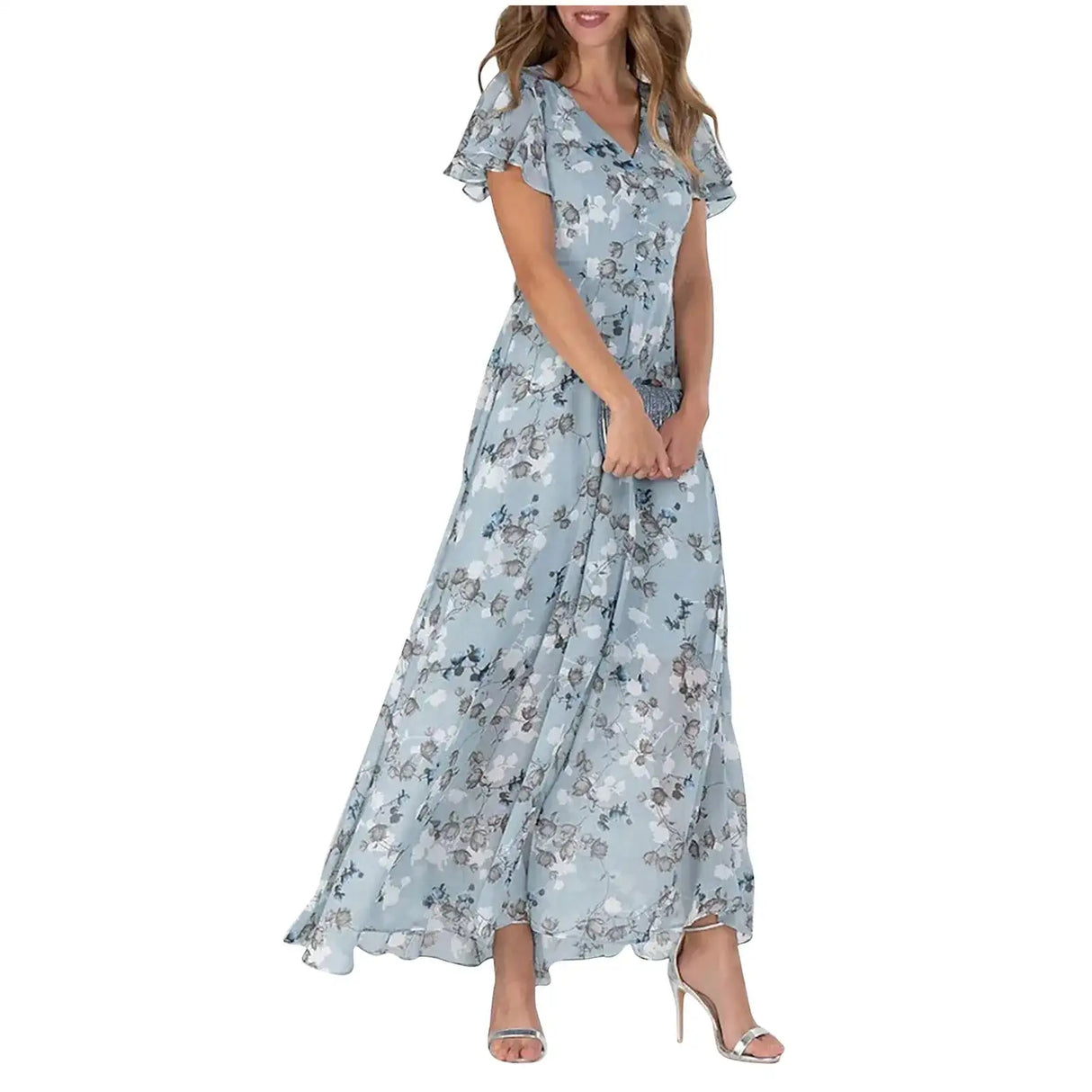 Vestidos Verano Moda 2024 Women's Swing Long Dress Chiffon Floral Short Sleeve Ruffle V Neck Fashion Waist Flowy Dress платье - Lootquake