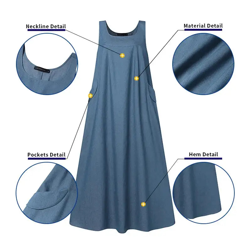 Summer Muslim Long Dress Abaya ZANZEA Women Vintage Sleeveless Denim Blue Maxi Vestidos Dubai Robe Casual Loose Ramadan Sundress - Lootquake